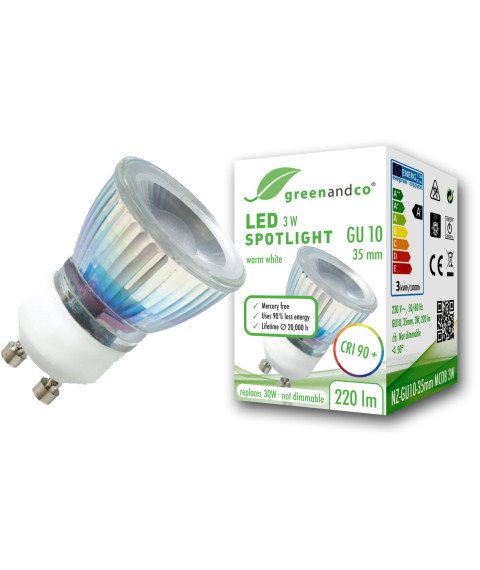 GreenAndCo GU10 35 mm LED Spotlight, 3 W 3000K Warm White, 230 V Not Dimmable GreenAndCo GU10 35 mm LED Spotlight, 3 W 3000K Warm White, 230 V Not Dimmable